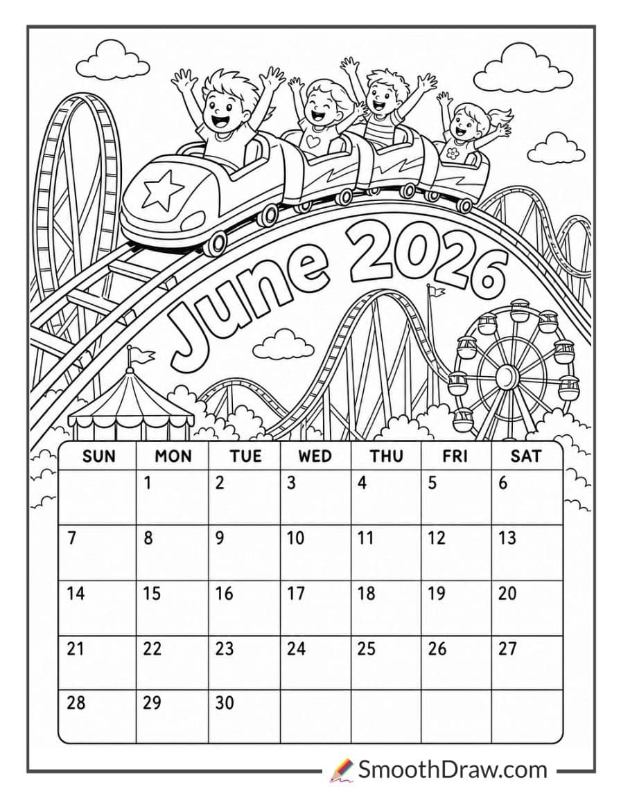 June 2026 Roller Coaster Theme Calendar