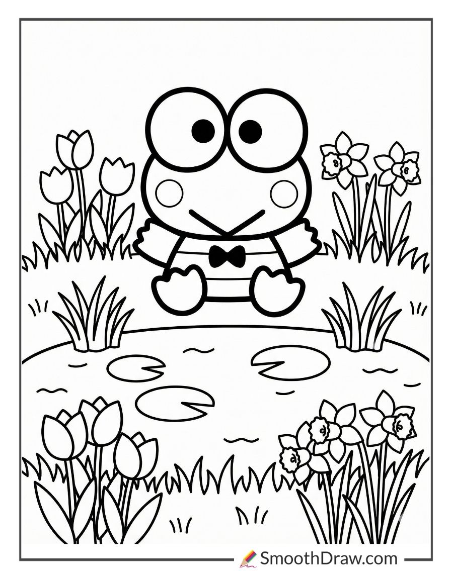 Keroppi Springtime Flowers By Pond
