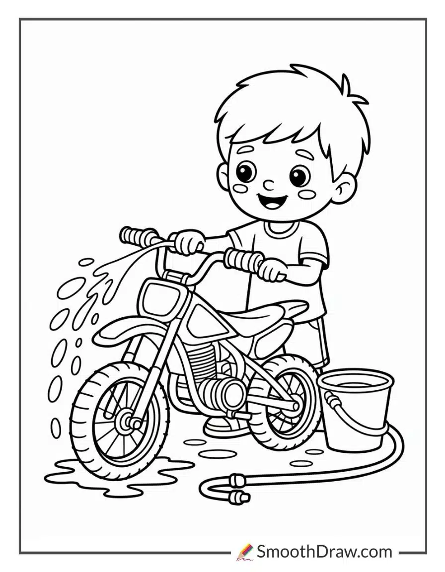 Kid washing muddy dirt bike