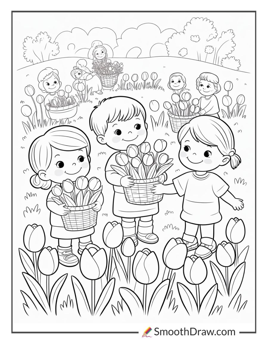Kids Picking Tulips In Spring