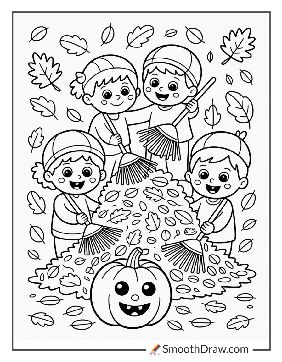 Kids Raking Autumn Leaves