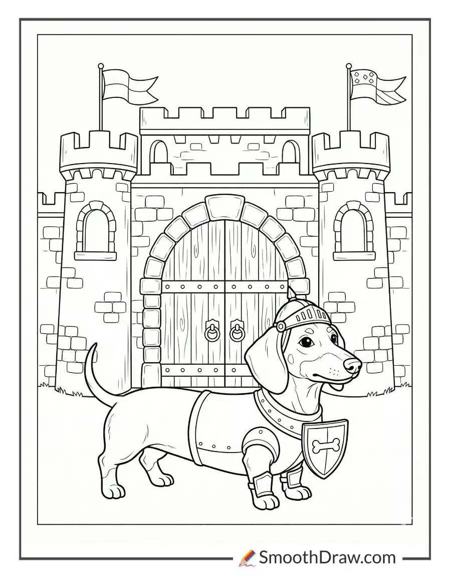 Knight Dachshund Guarding Castle Gate