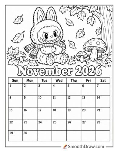 Labubu November 2026 calendar coloring page