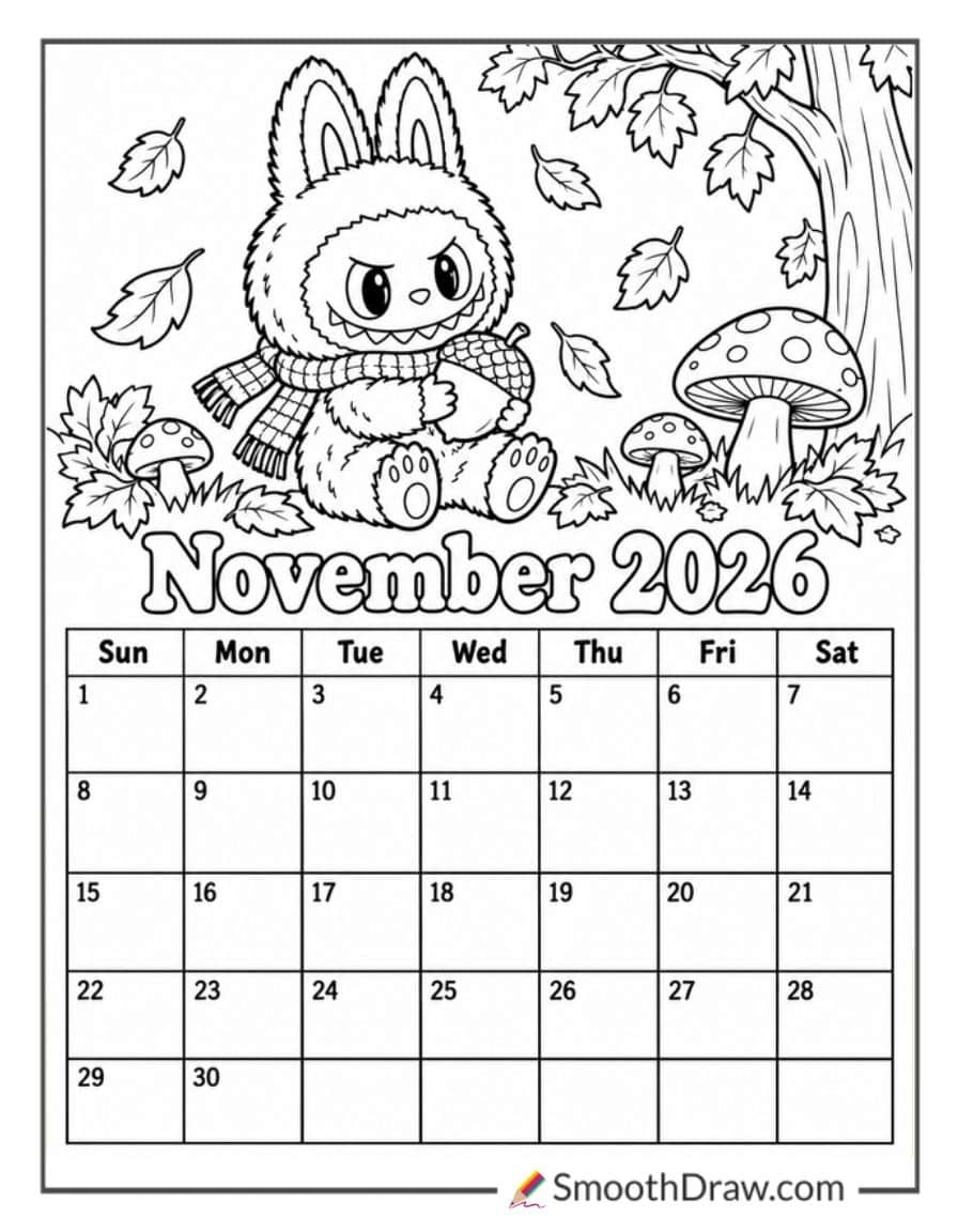 Labubu November 2026 Calendar Coloring Page
