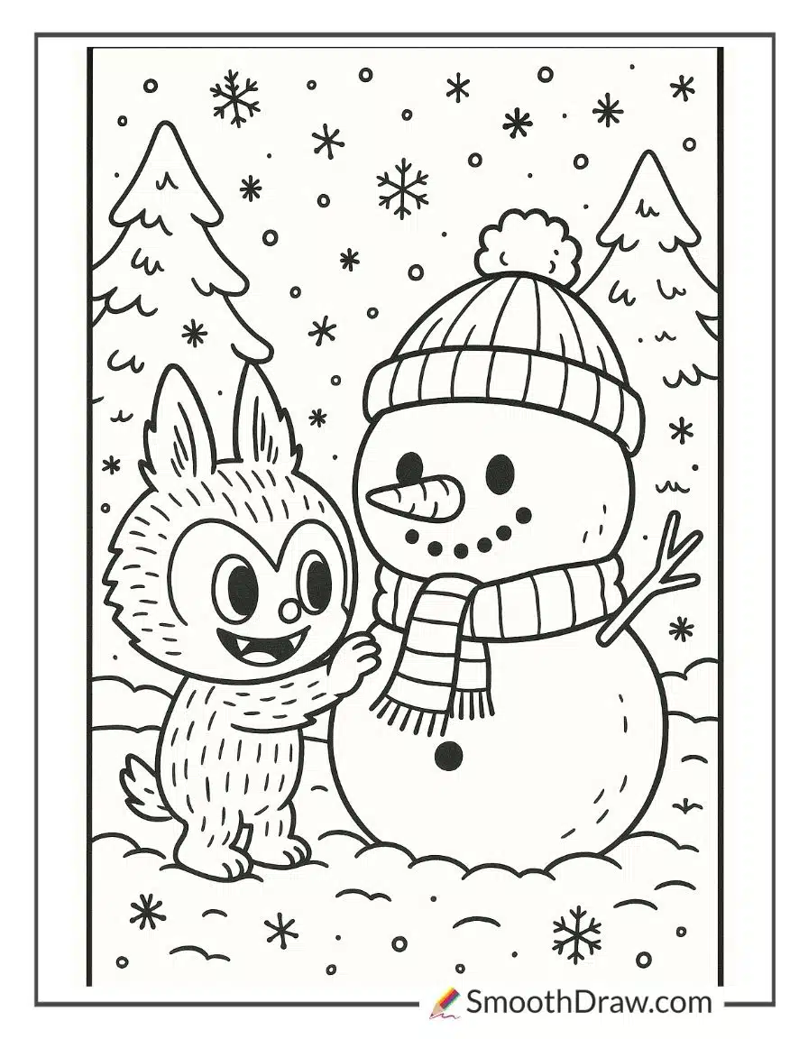 Labubu building a snowman