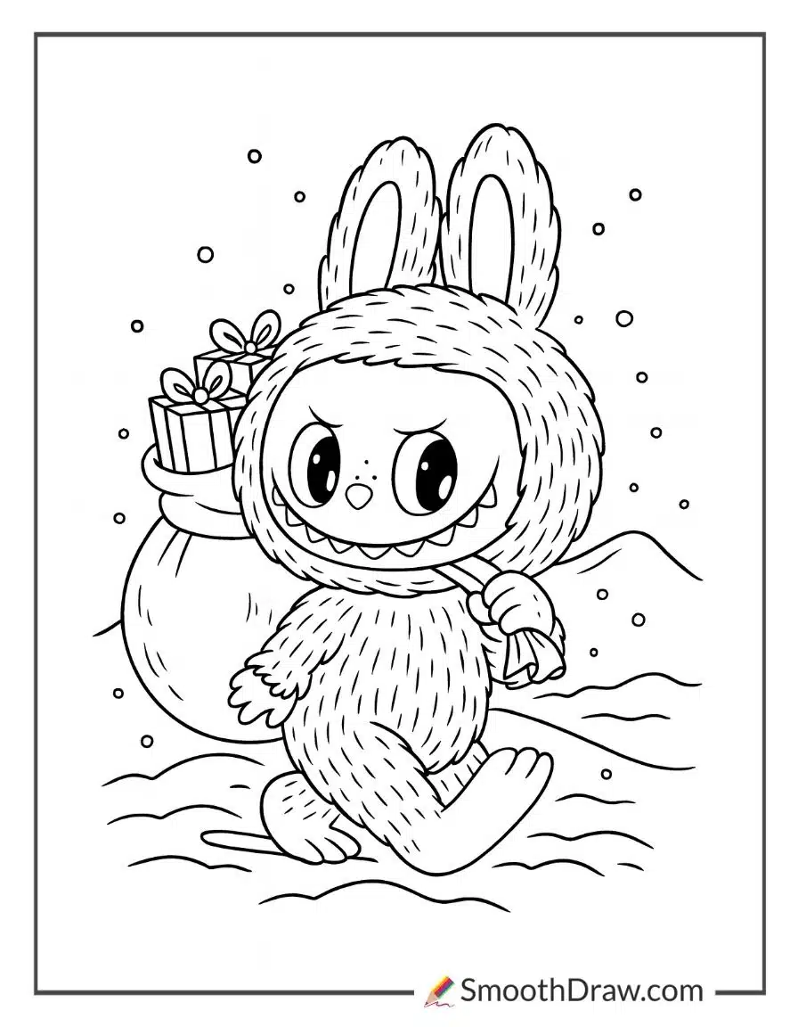 Labubu carrying a sack of presents