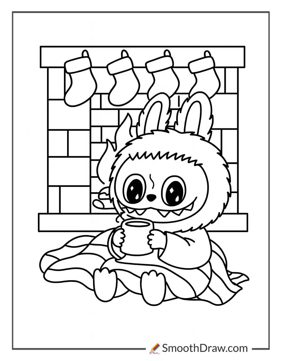 Labubu drinking hot cocoa by fireplace