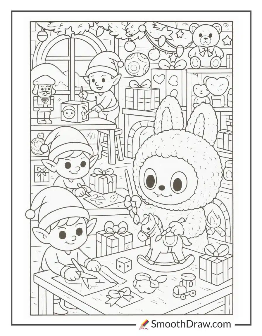 Labubu helping elves in the workshop coloring page