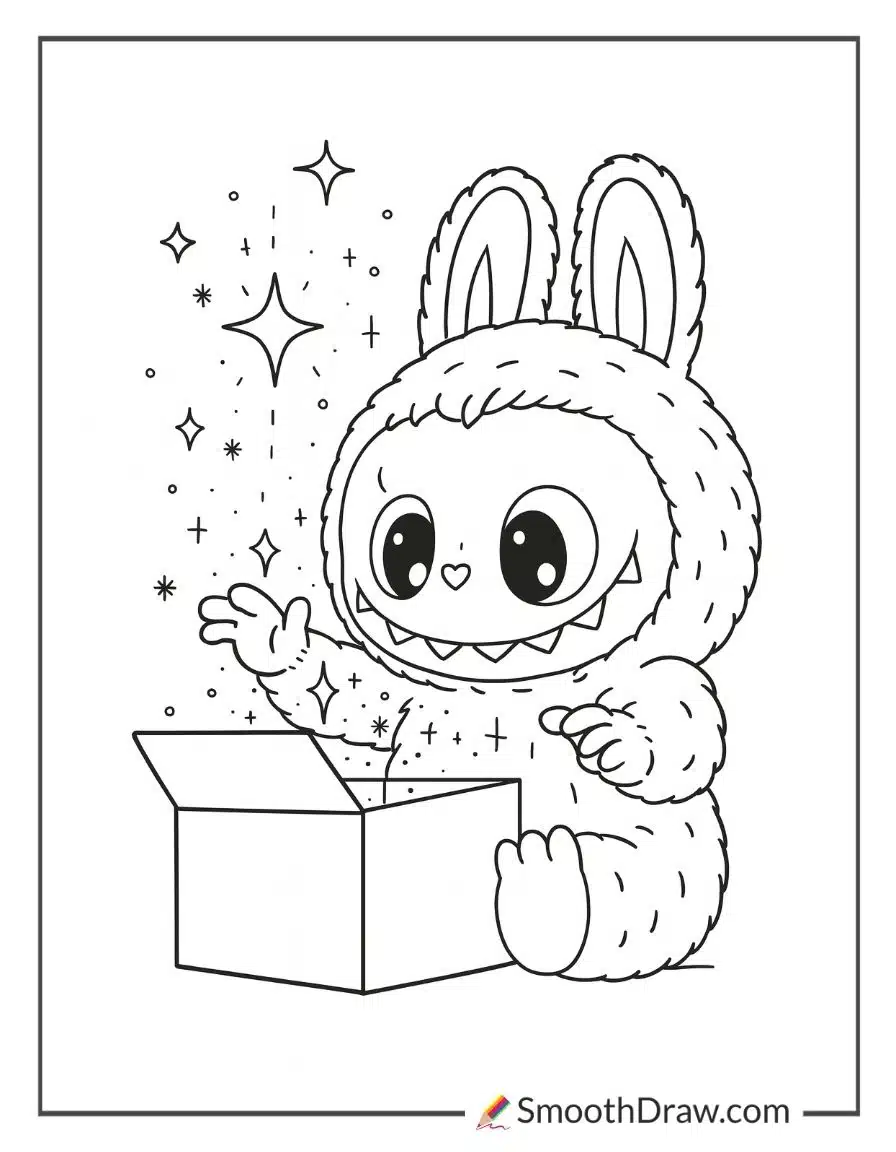 Labubu opening a magical Christmas box