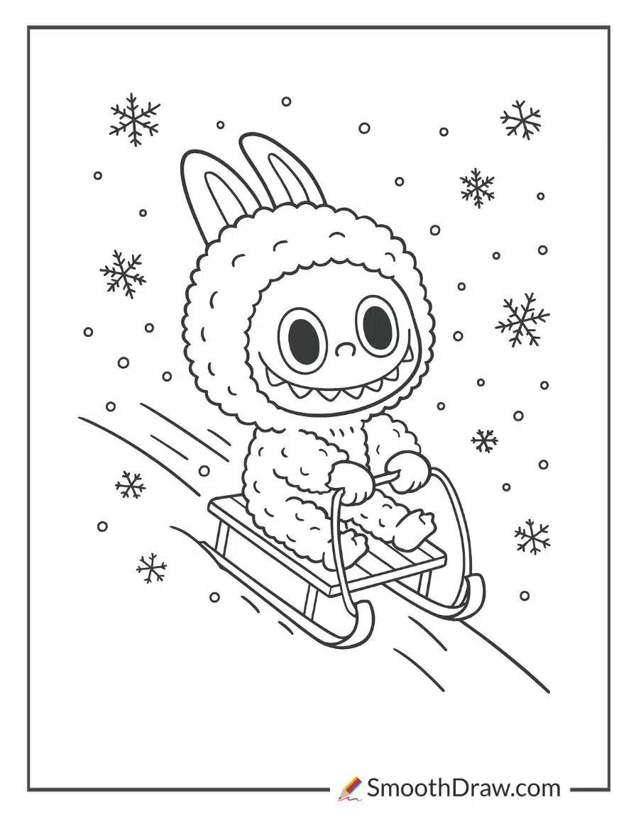 Labubu riding on a sled