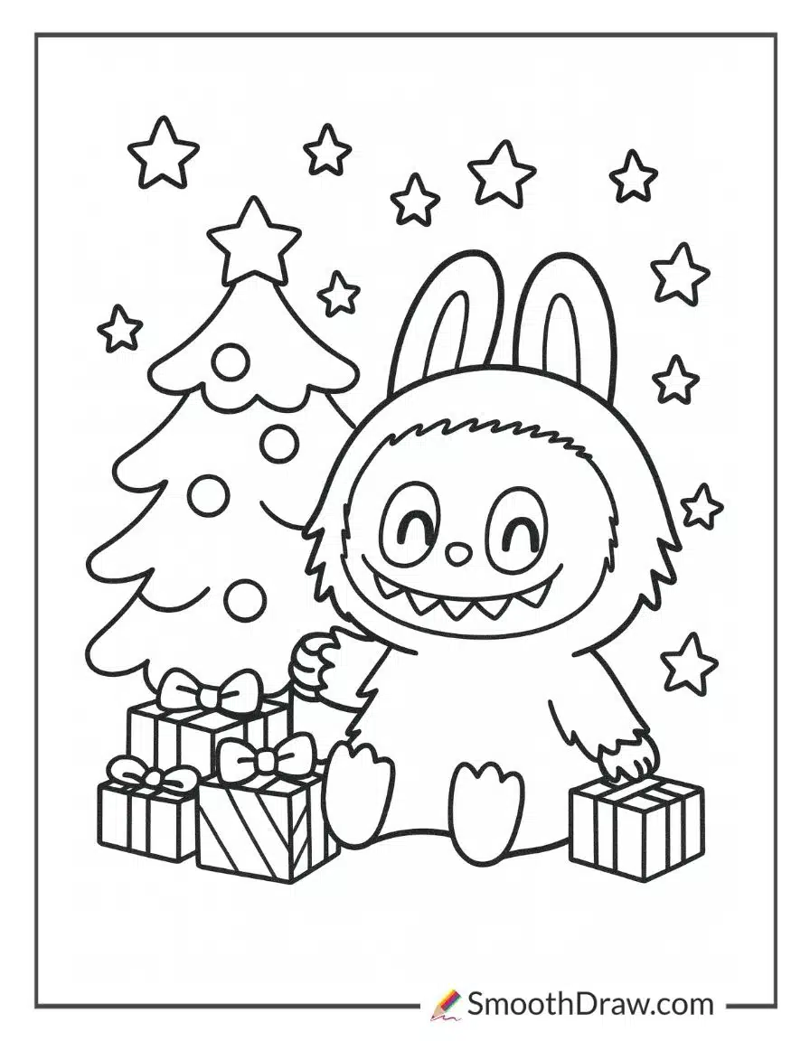 Labubu sitting beside a big Christmas tree