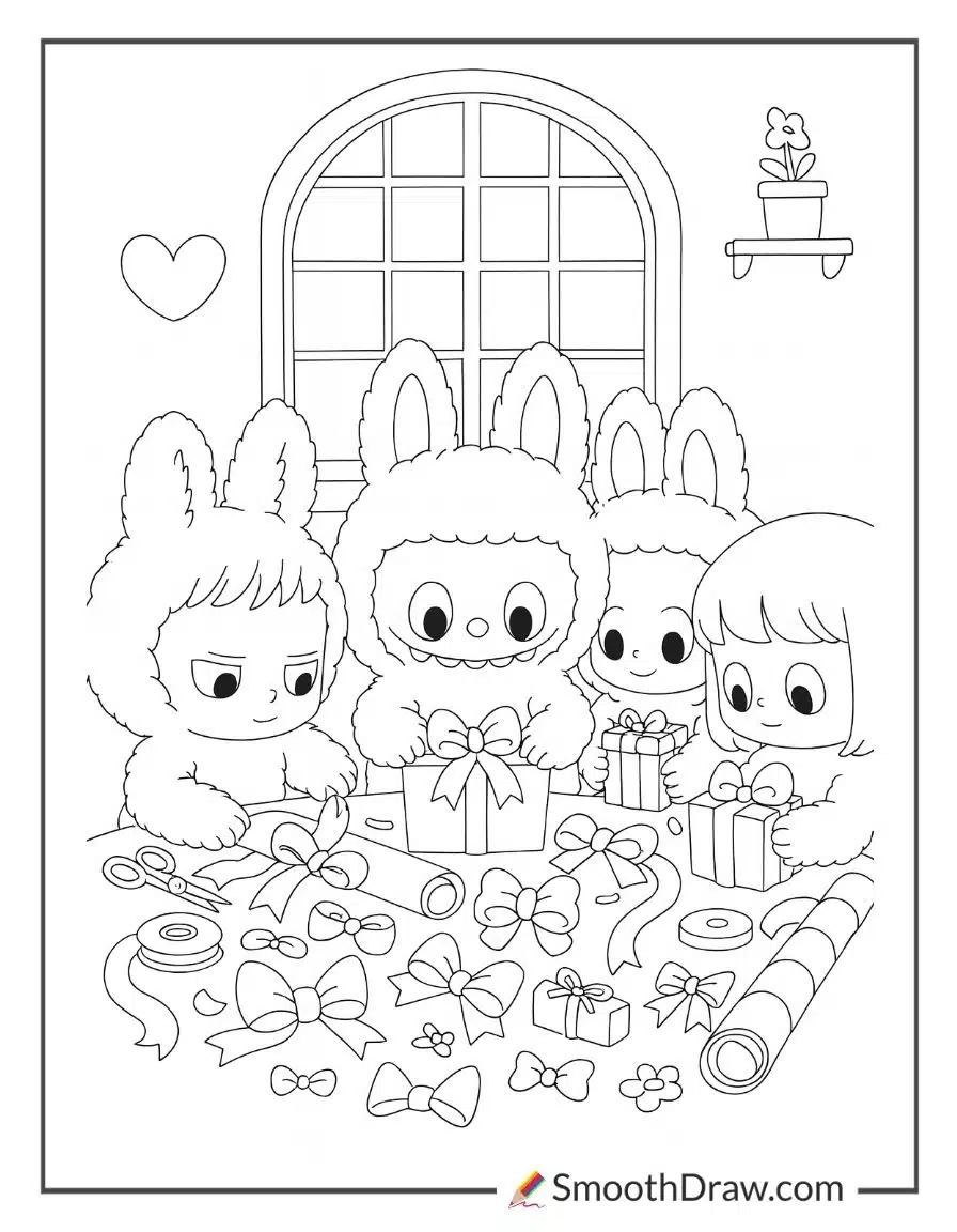 Labubu sitting with wrapped Christmas gifts