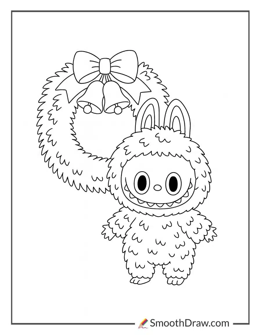 Labubu standing beside a Christmas wreath
