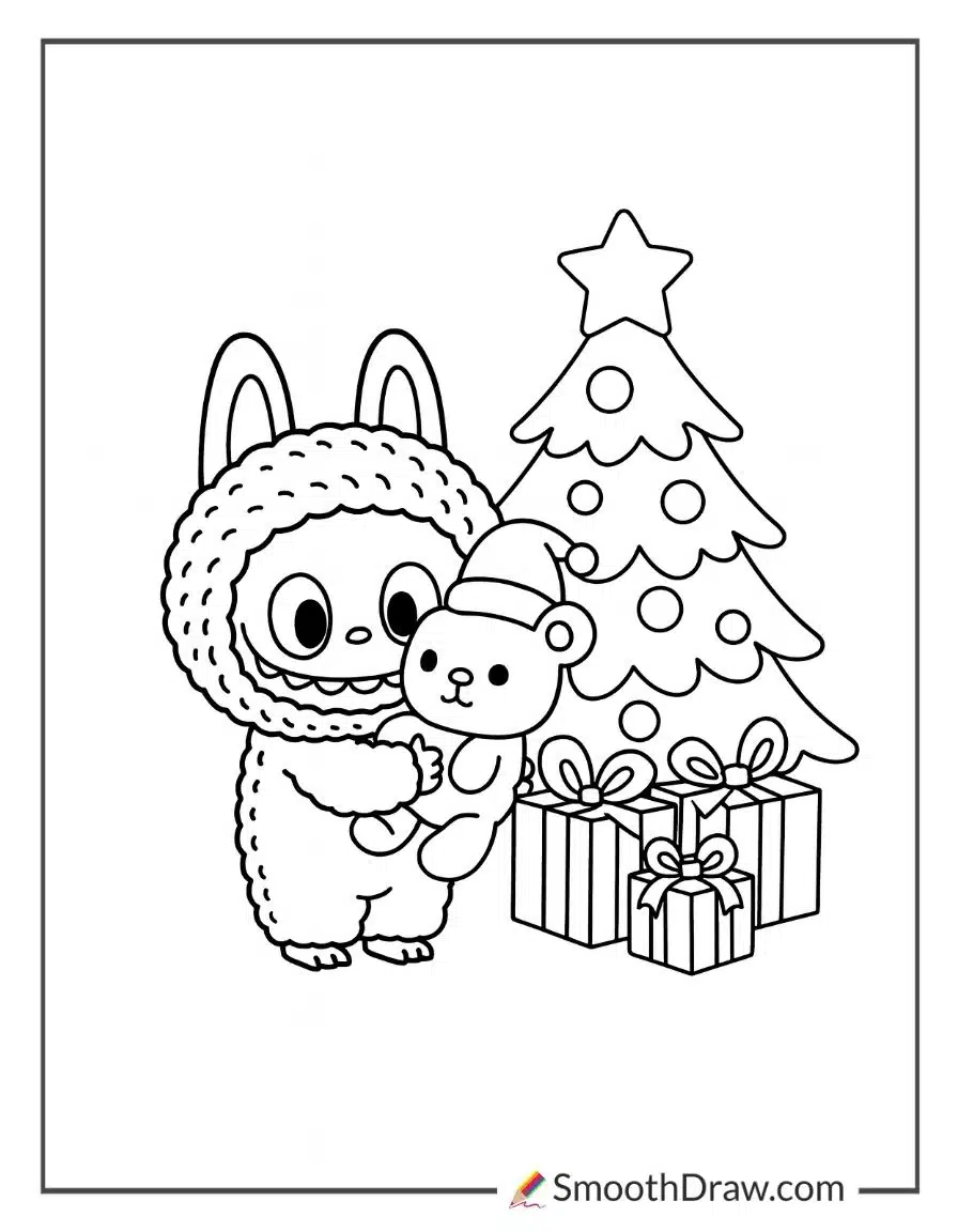 Labubu with a Christmas tree and gifts
