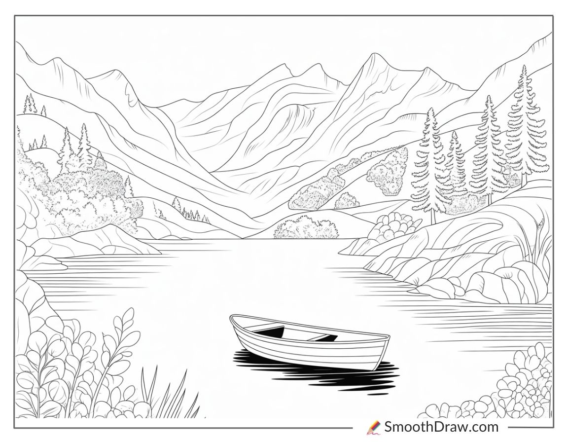 Lake surrounded by mountains coloring pages
