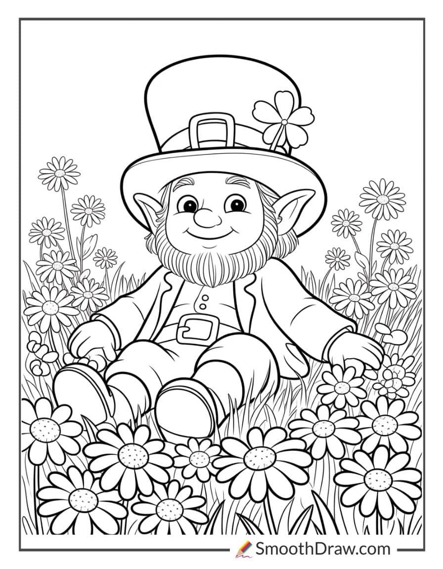 Leprechaun sitting in a field of daisies