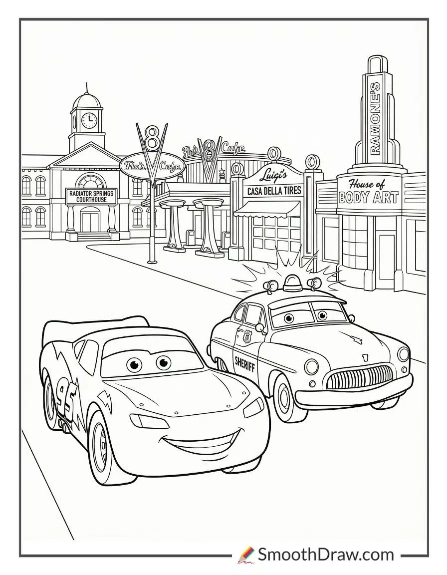 Lightning McQueen And Sheriff Patrolling Town