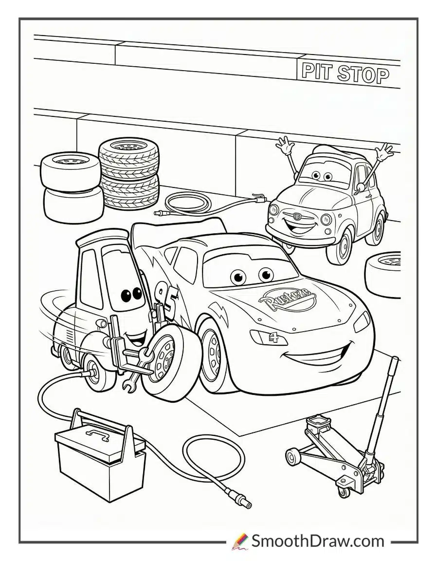 Lightning McQueen With Guido Changing Tires