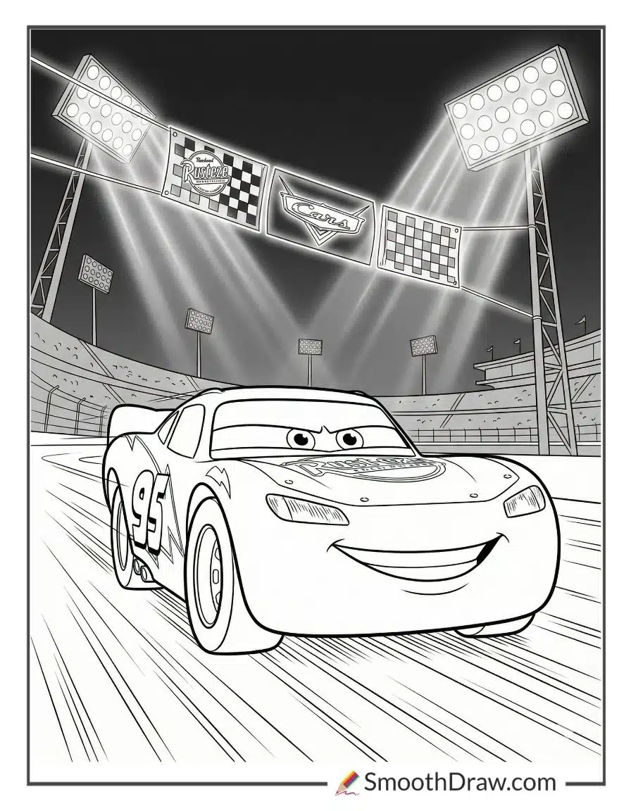 Lightning McQueen Zooming Under Bright Lights
