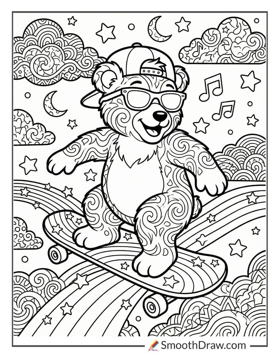 Lisa Frank bear riding a rainbow skateboard