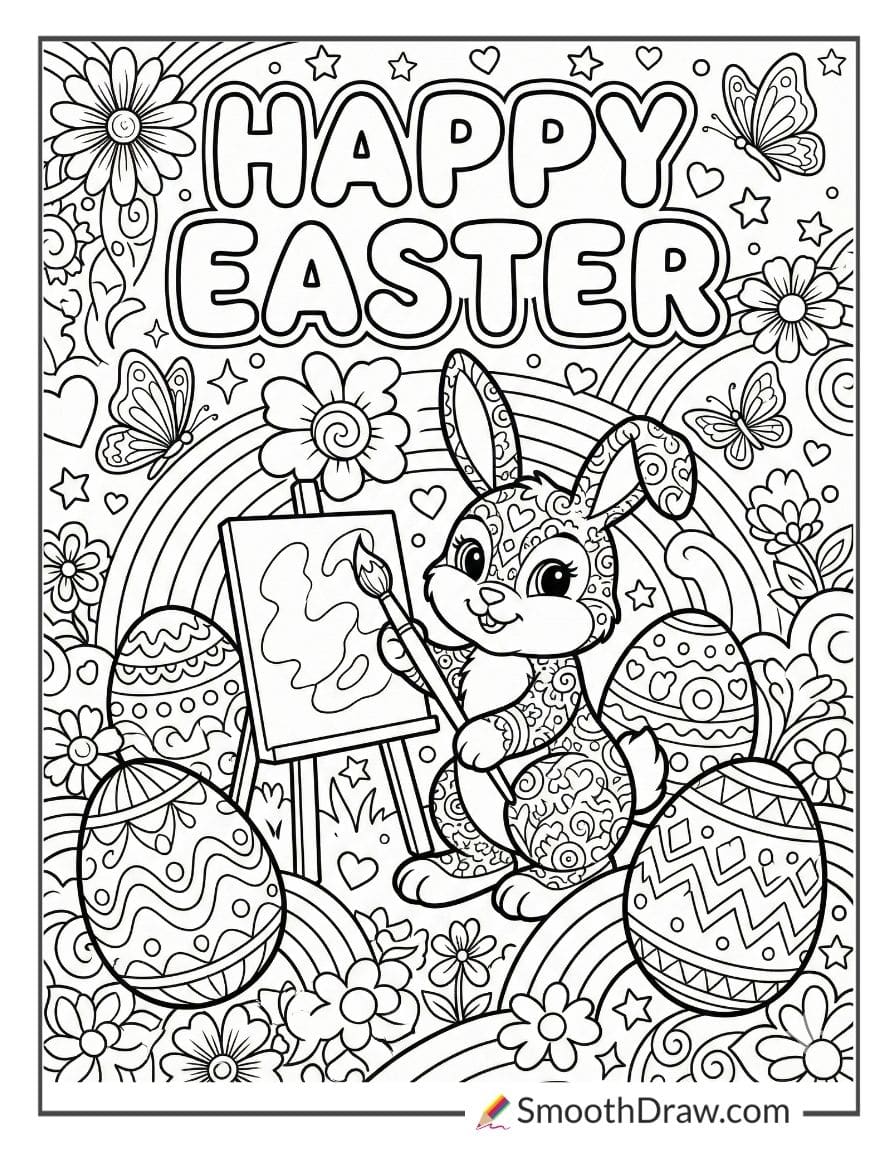 Lisa Frank bunny painting colorful eggs for coloring
