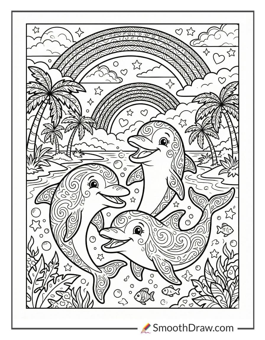 Lisa Frank dolphin friends in tropical lagoon