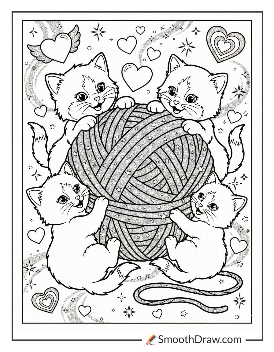 Lisa Frank kittens playing with glitter yarn
