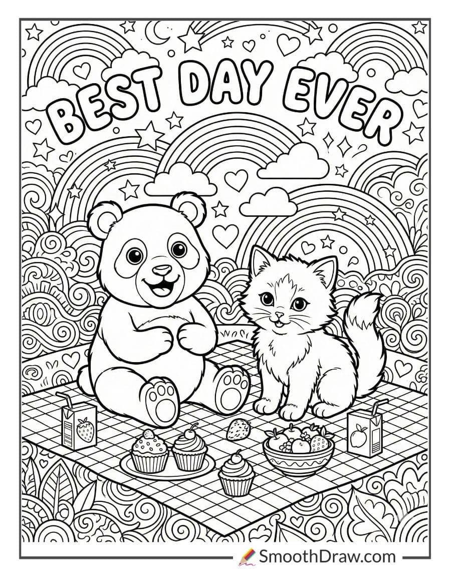 Lisa Frank panda and kitten picnic for coloring