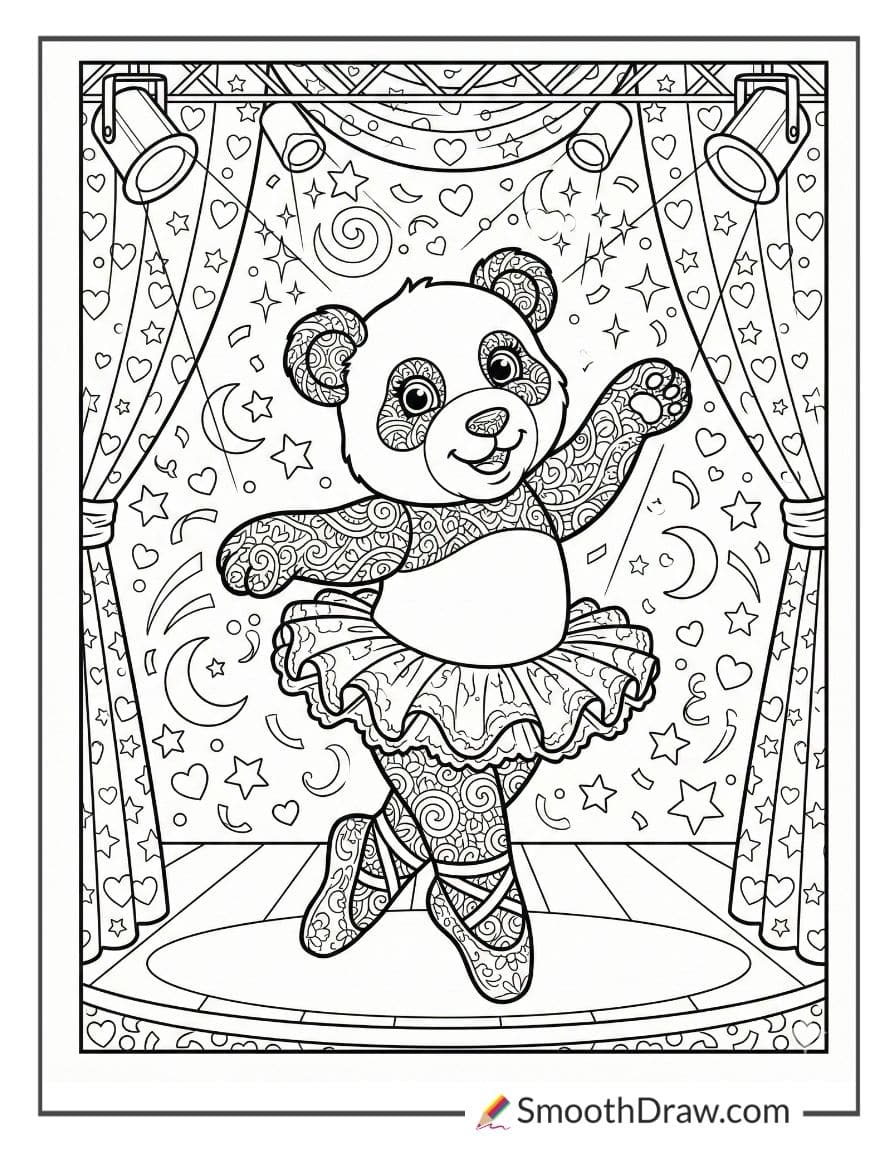 Lisa Frank panda ballerina twirling on stage coloring sheet