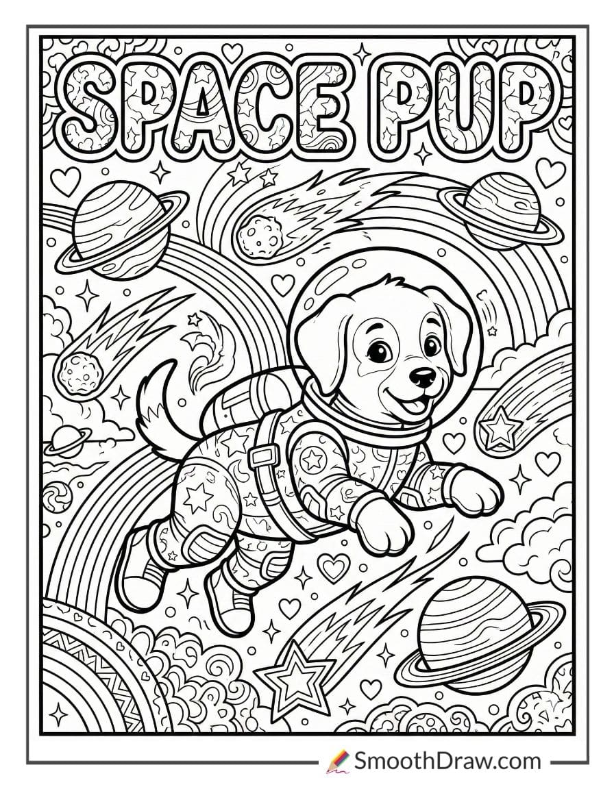 Lisa Frank puppy astronaut floating in space