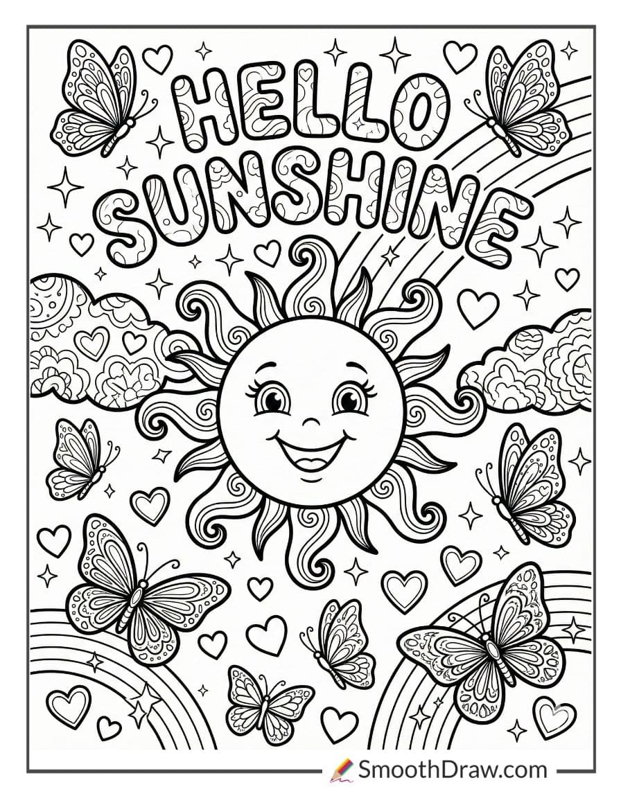Lisa Frank rainbow butterflies around smiling sun