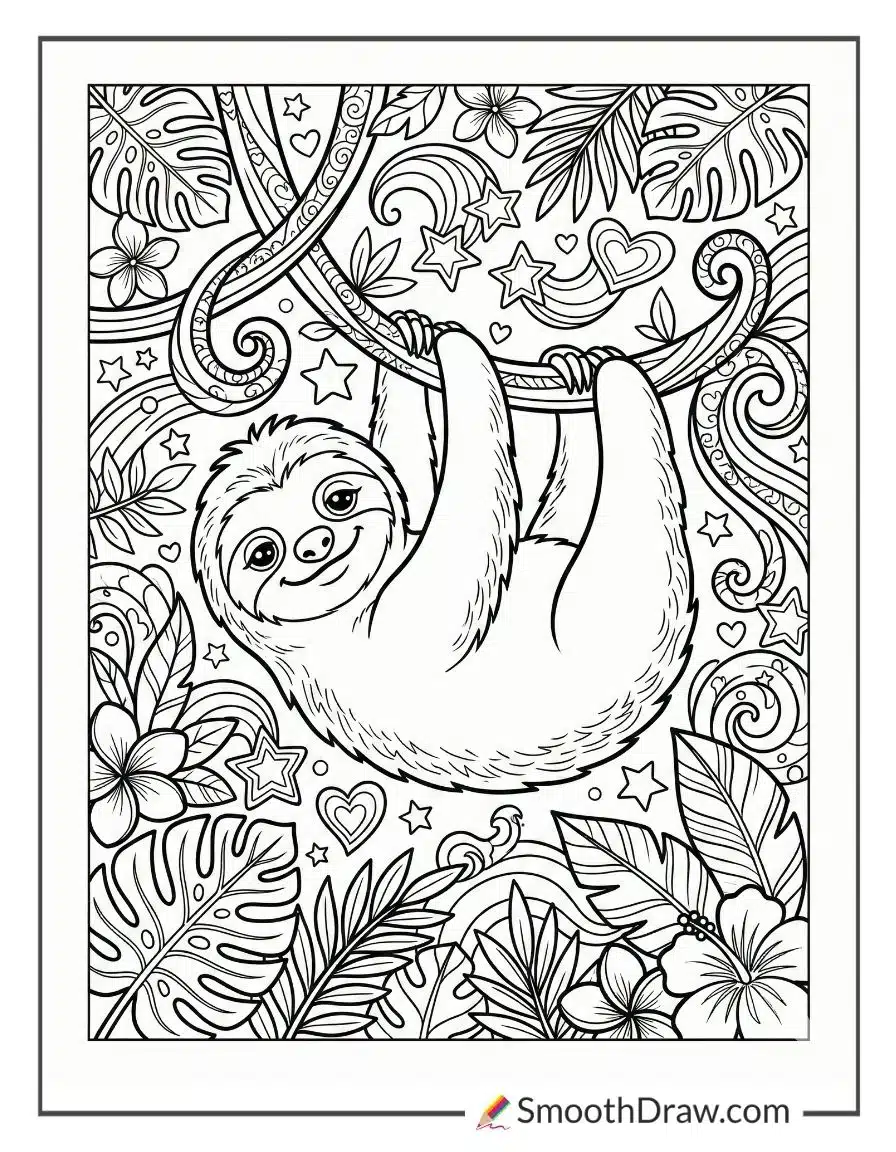 Lisa Frank sloth hanging from rainbow vines