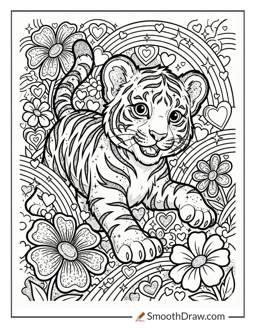 Lisa Frank tiger cub surrounded by flowers