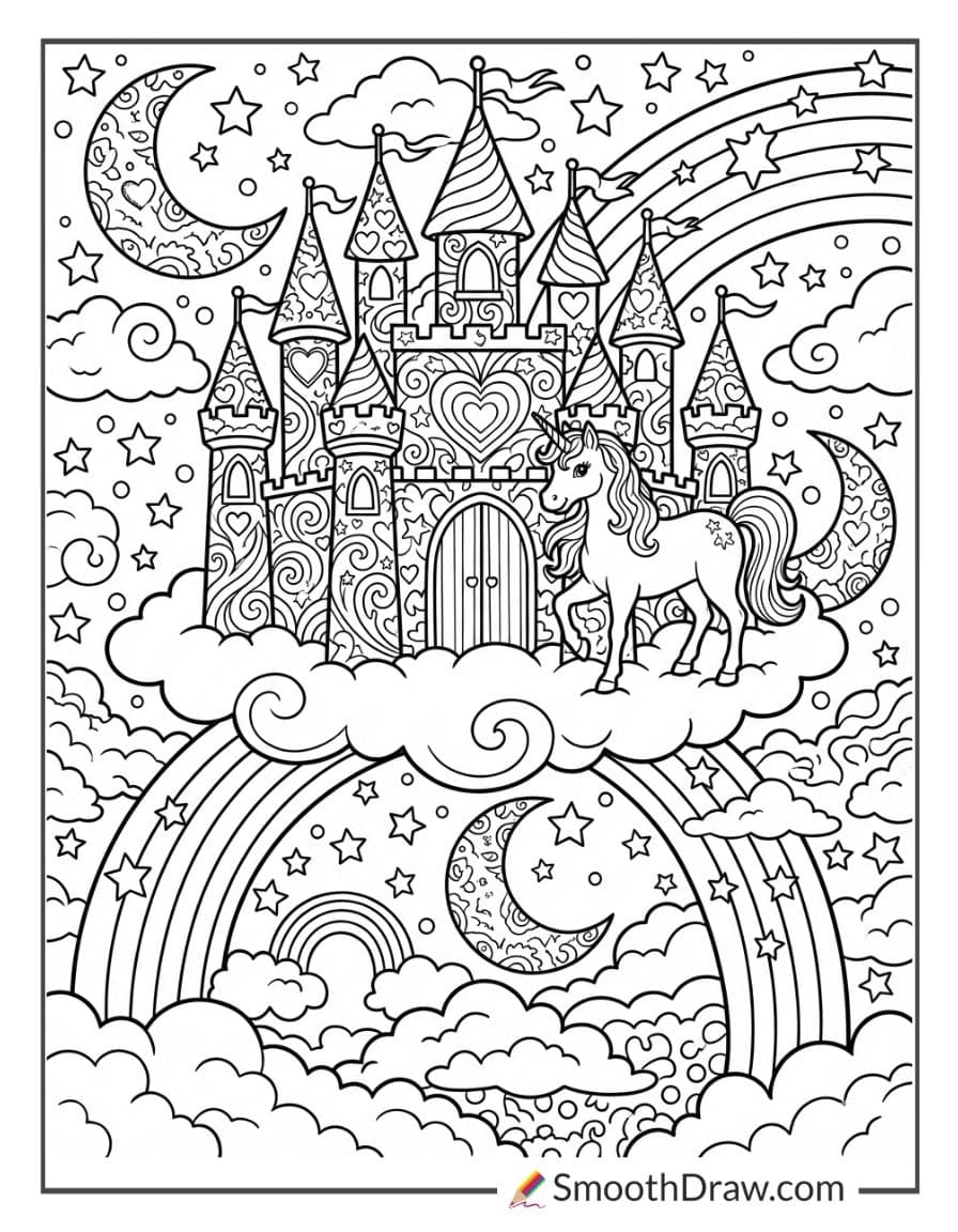 Lisa Frank unicorn castle above clouds
