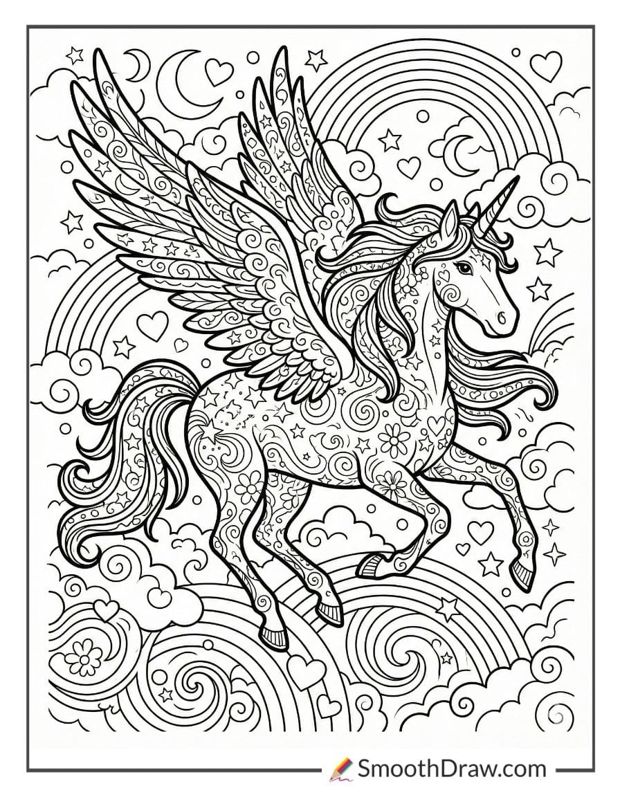 Lisa Frank unicorn flying over candyland