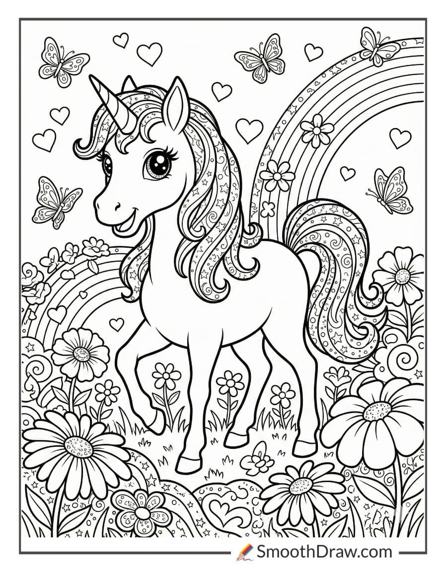 Lisa Frank unicorn in rainbow meadow