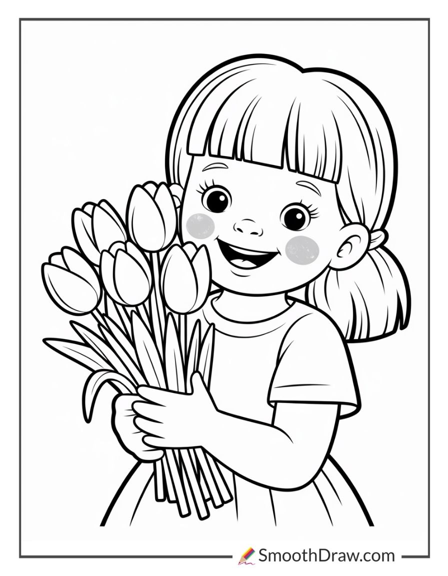 Little Girl Holding Tulip Bouquet