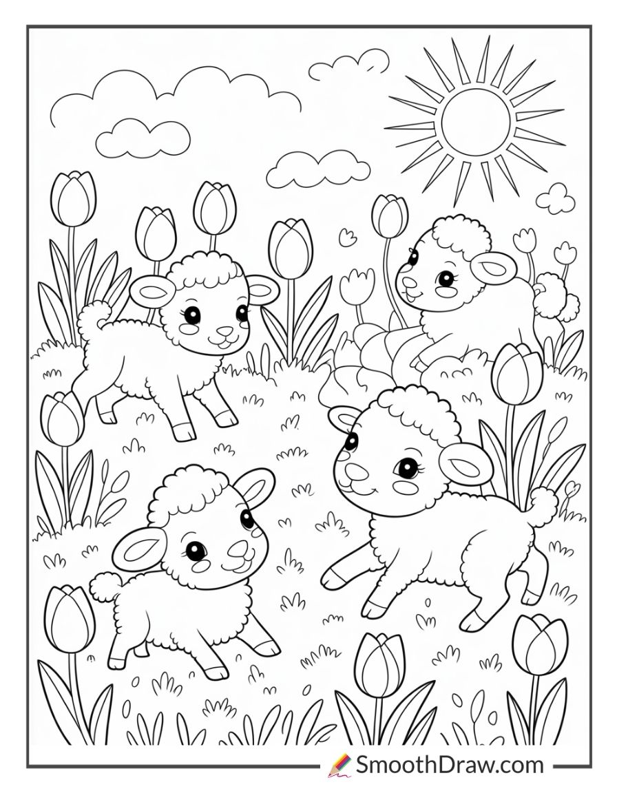 Little Lambs Playing Near Tulips