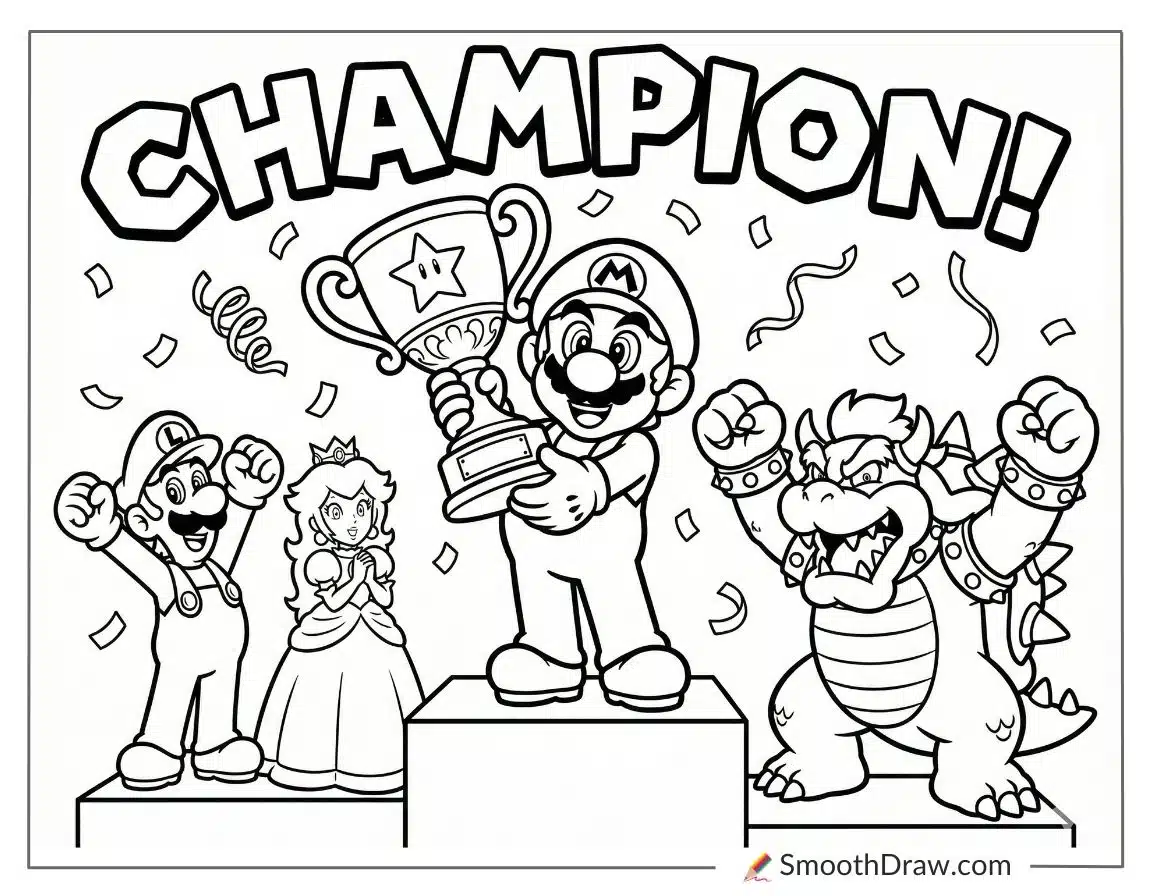 Mario Holding Trophy On Podium