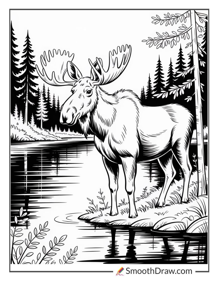 Moose Standing By Forest Lake