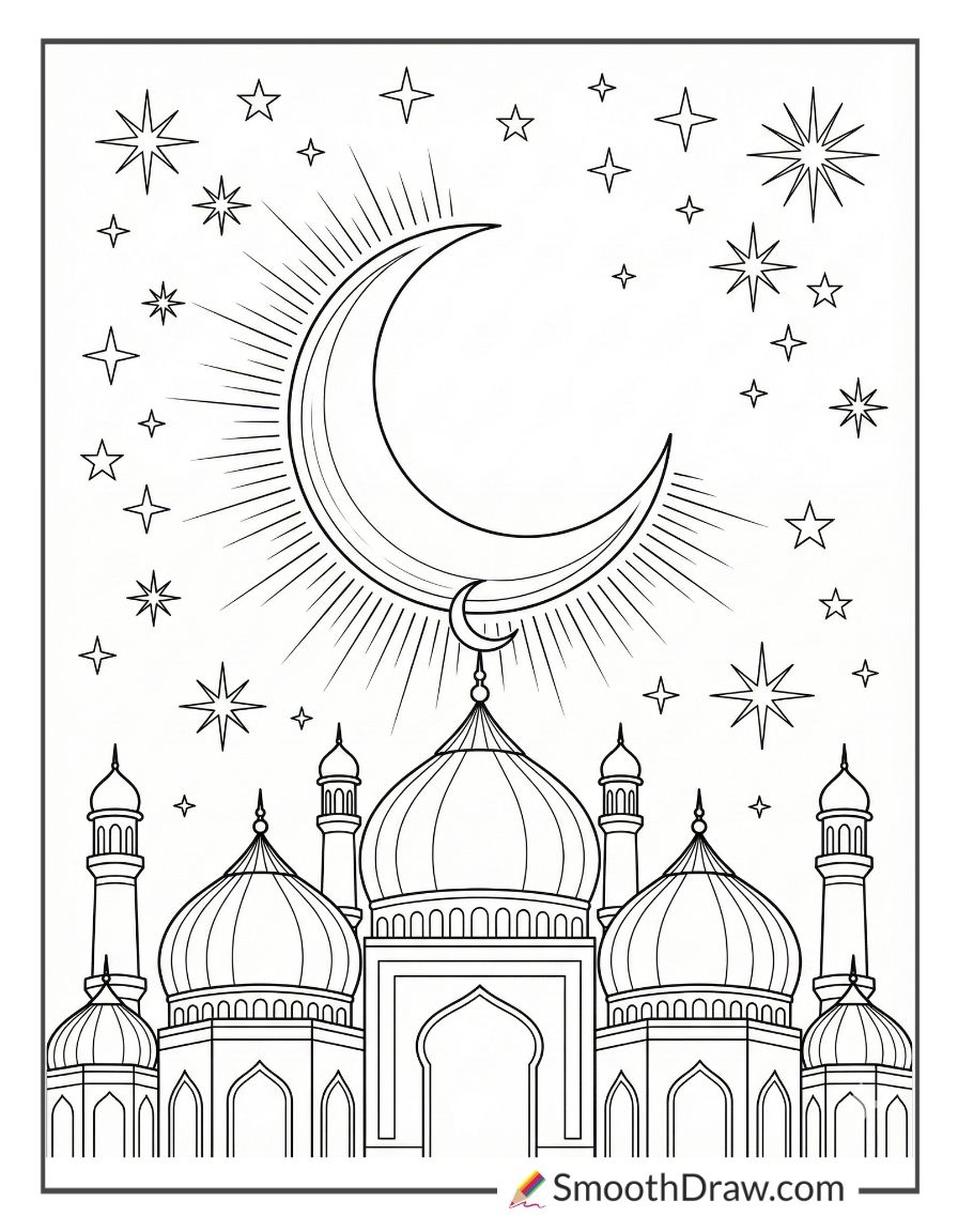 Mosque Domes Under Glowing Moon Coloring Sheet