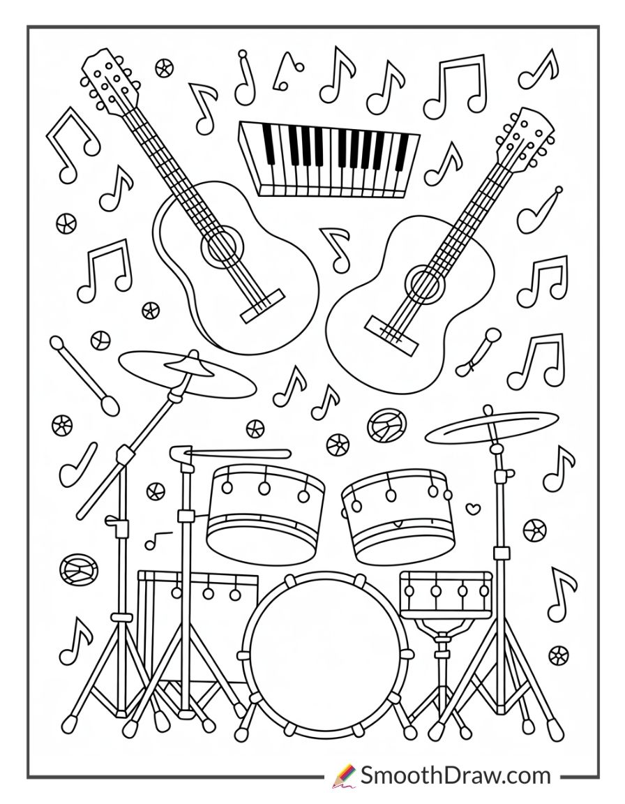 Music Instruments And Notes For Coloring