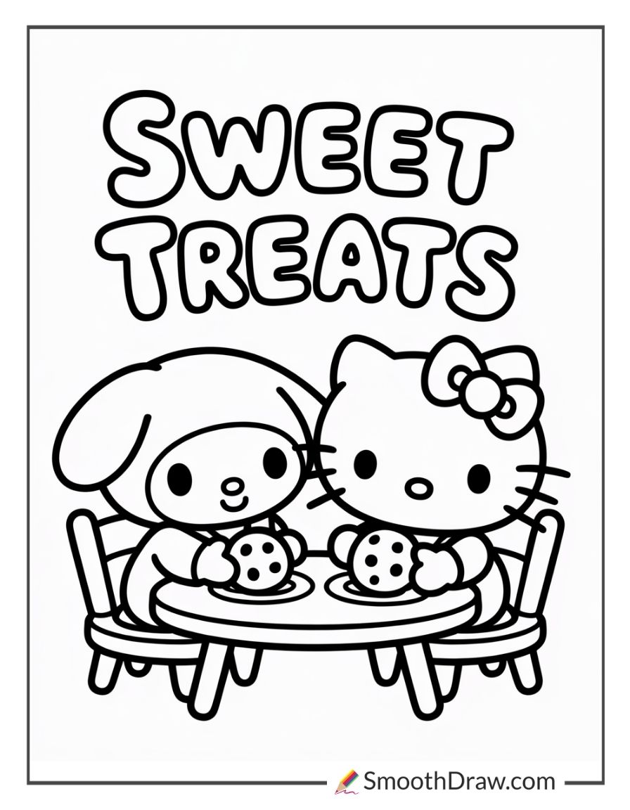 My Melody And Hello Kitty Sharing Cookies Coloring Page