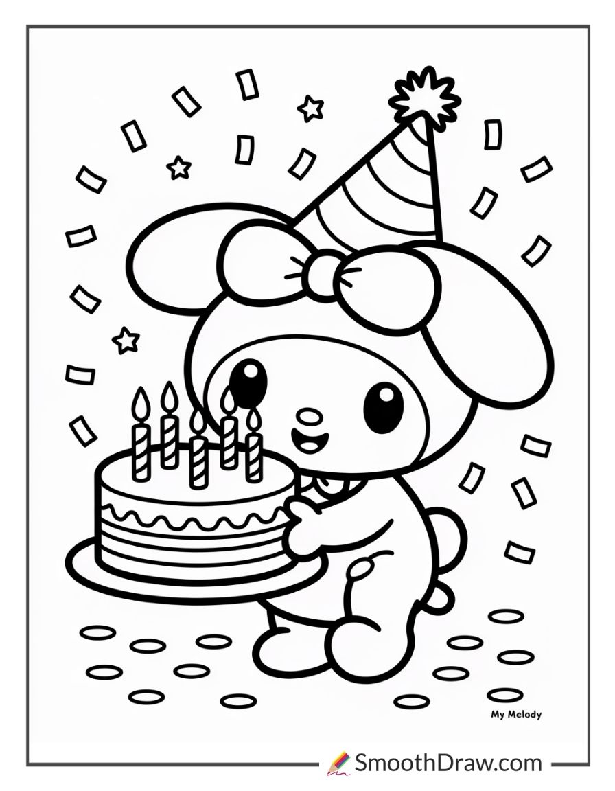 My Melody Holding A Birthday Cake For Coloring