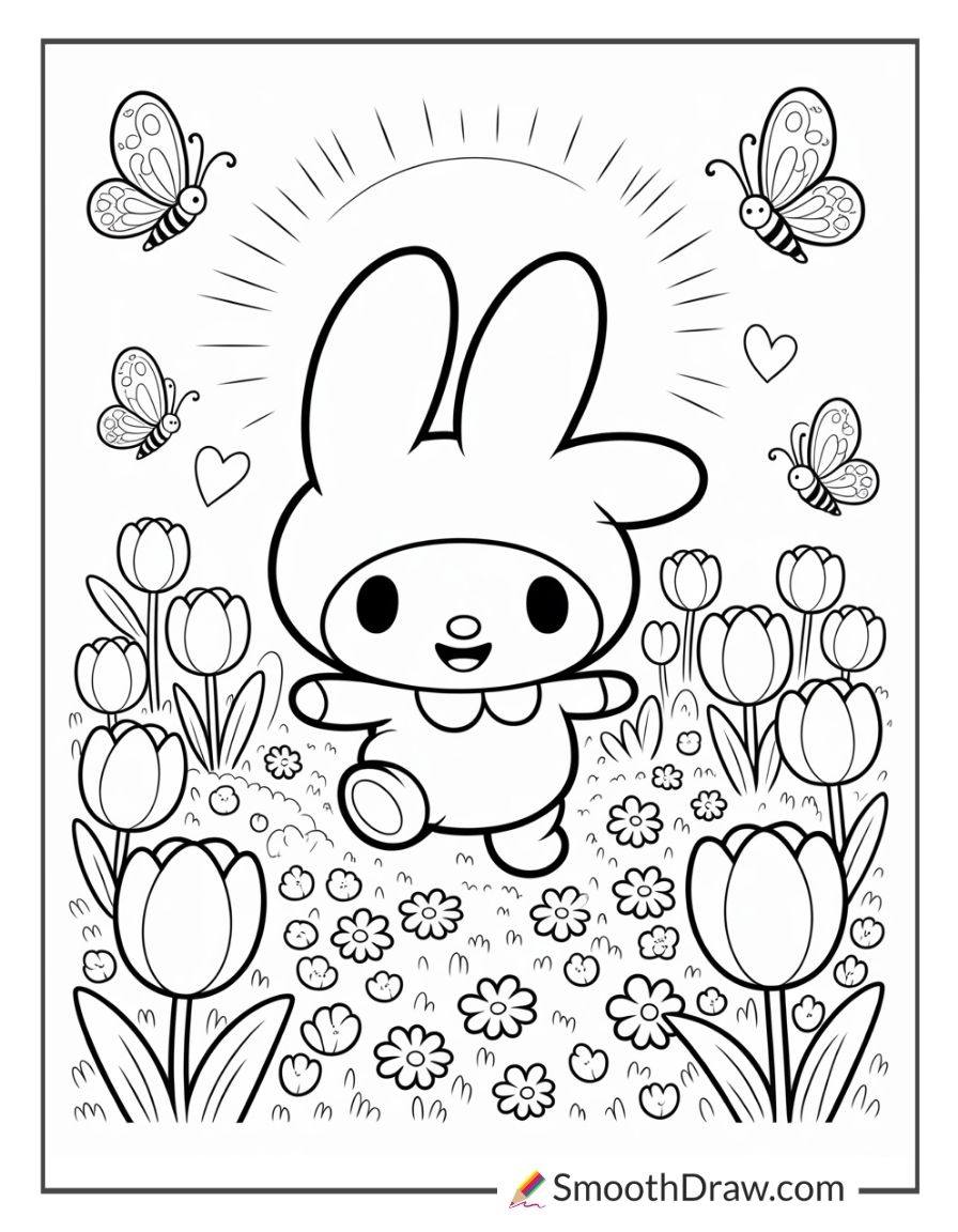 My Melody Playing In A Field Of Tulips
