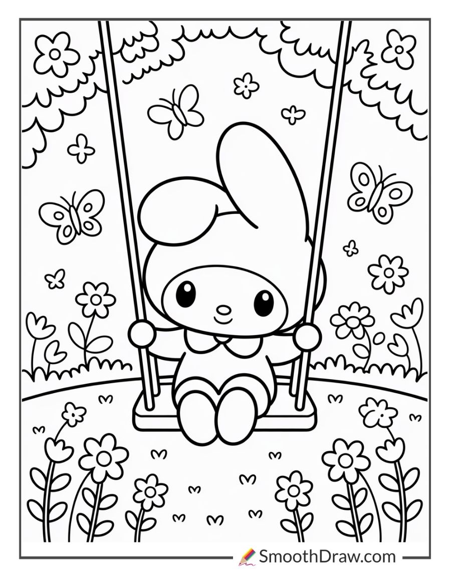 My Melody Sitting On A Swing In The Park Coloring Pages