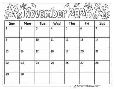 November 2026 Leafy Coloring Calendar