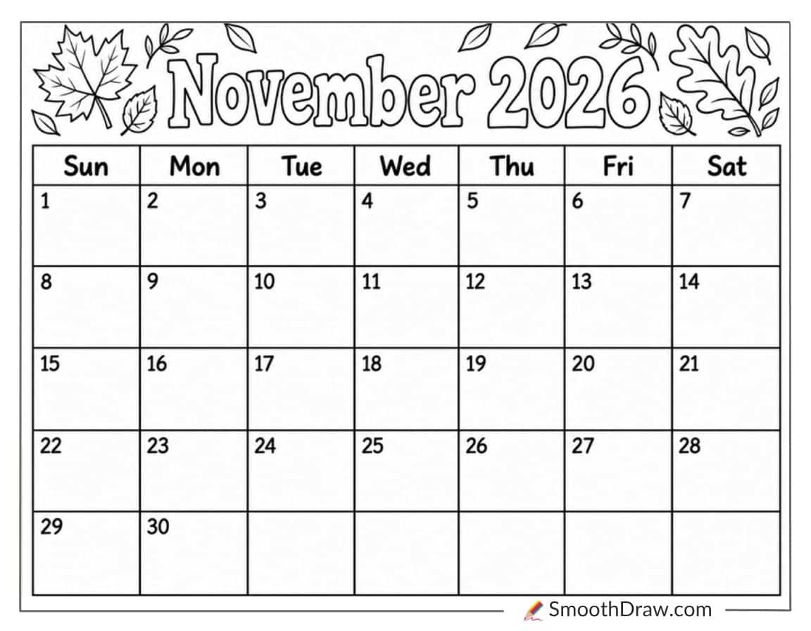 November 2026 Leafy Coloring Calendar