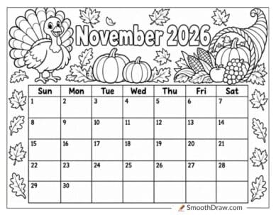 November 2026 Thanksgiving calendar coloring page