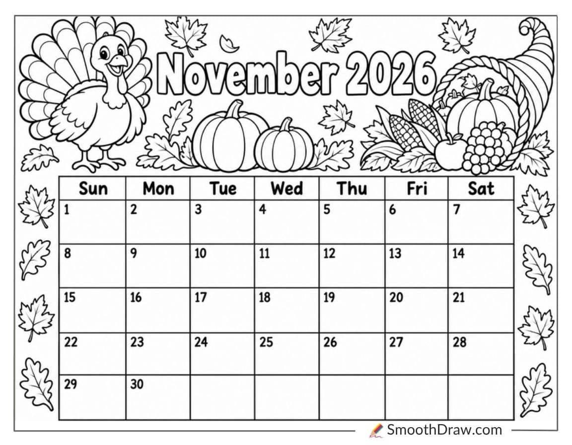November 2026 Thanksgiving Calendar Coloring Page